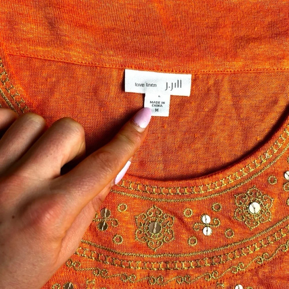 J. Jill Love Linen Shirt Blouse Top Sz Medium Orange Embroidered Sequin Boho - Picture 5 of 12